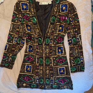 Scala Black Blazer with Gold Beading and Multicolor Sequin Motifs